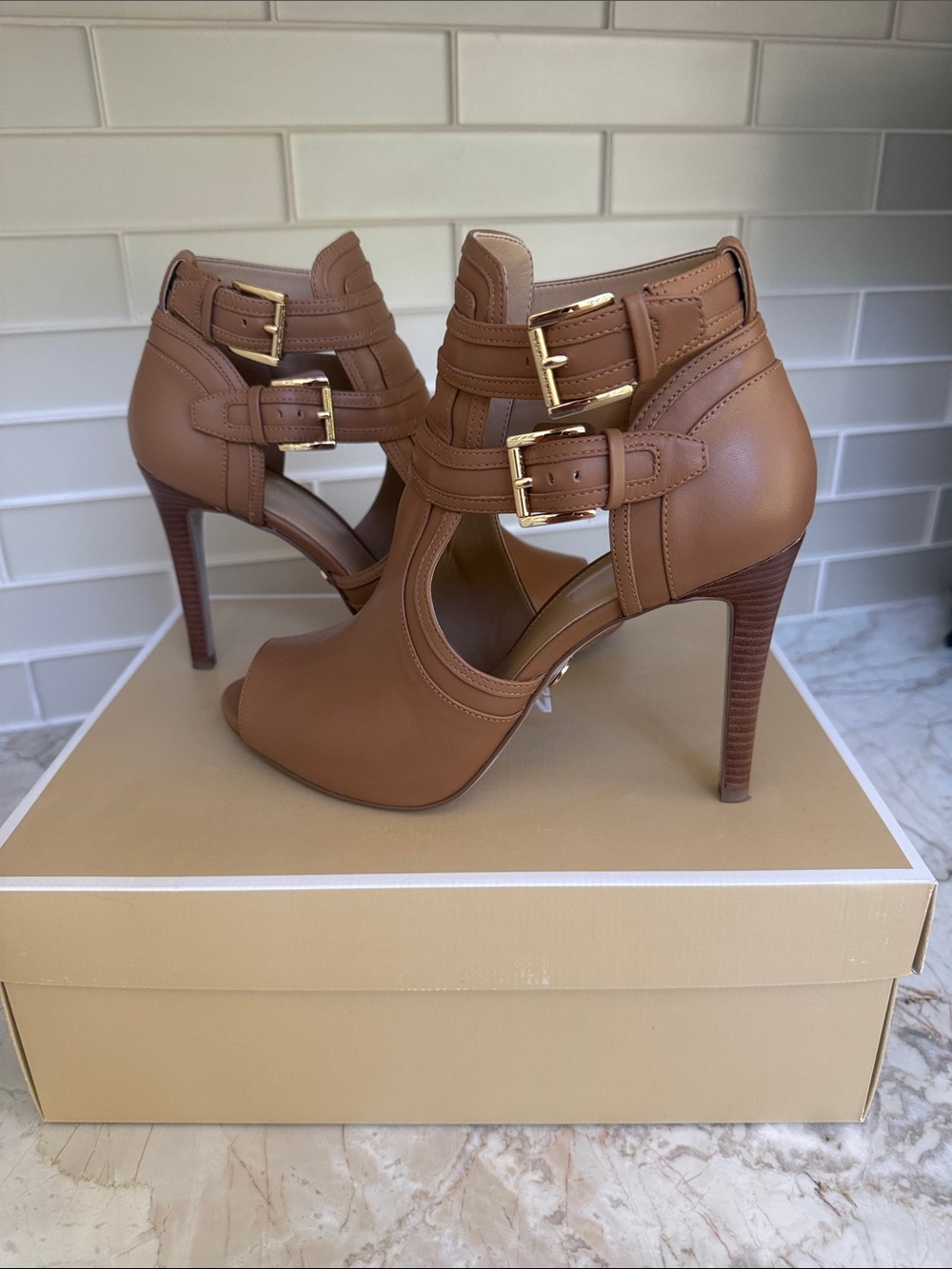 MICHAEL Women's Tan Strappy Stiletto Heel with Buckle Accents